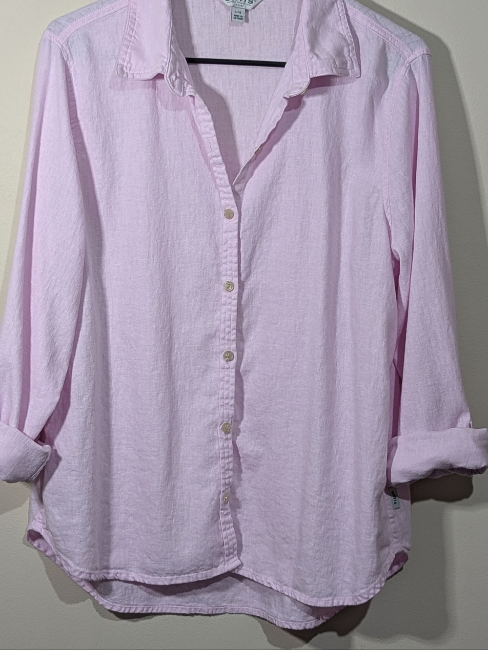 Orvis Linen Blend Button Down Shirt Womens Large Pink Lightweight Roll Tab Sleev